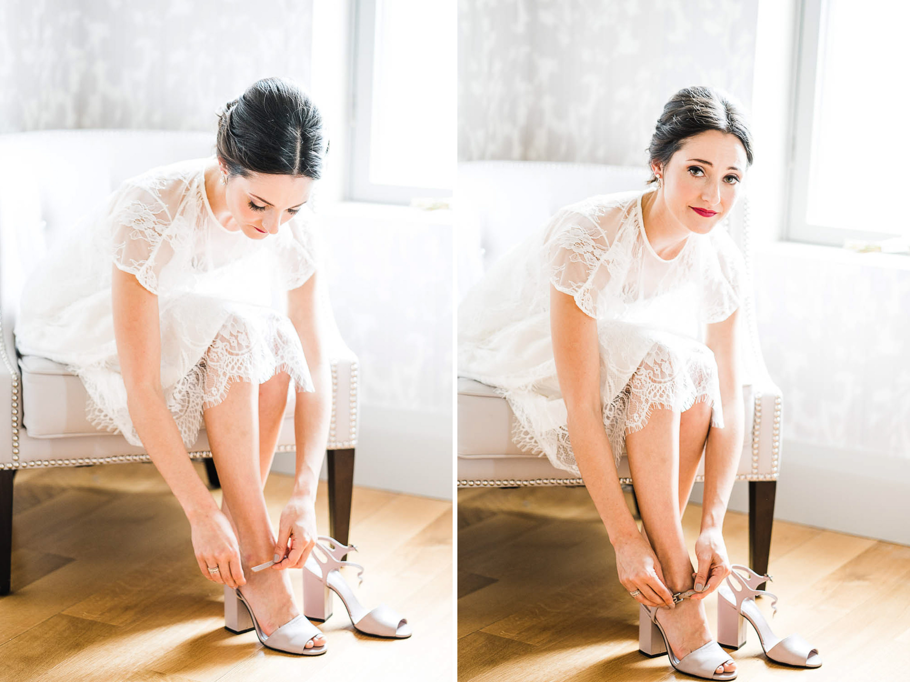 Bride in simple white dress putting shoes on. Sunlight streaming through window.