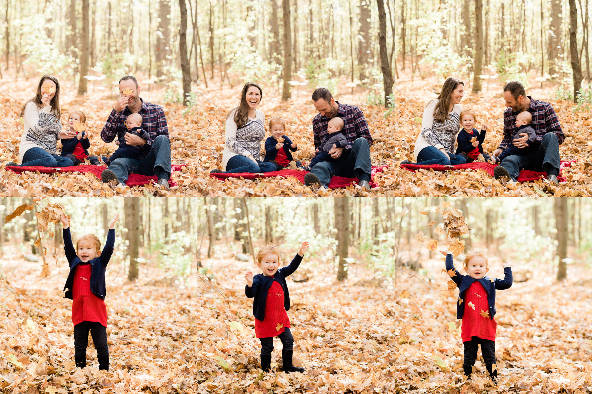 Fall family pics with two little ones playing in the leaves.