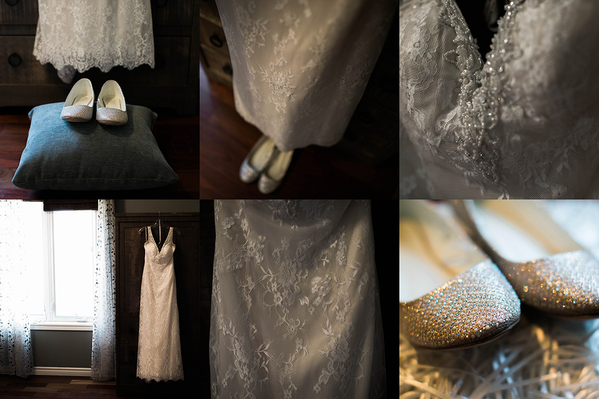Multiple images of bride dress and shoes.