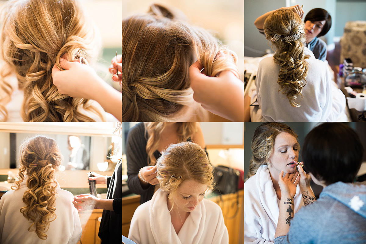 Images of bride having hair and makeup done.