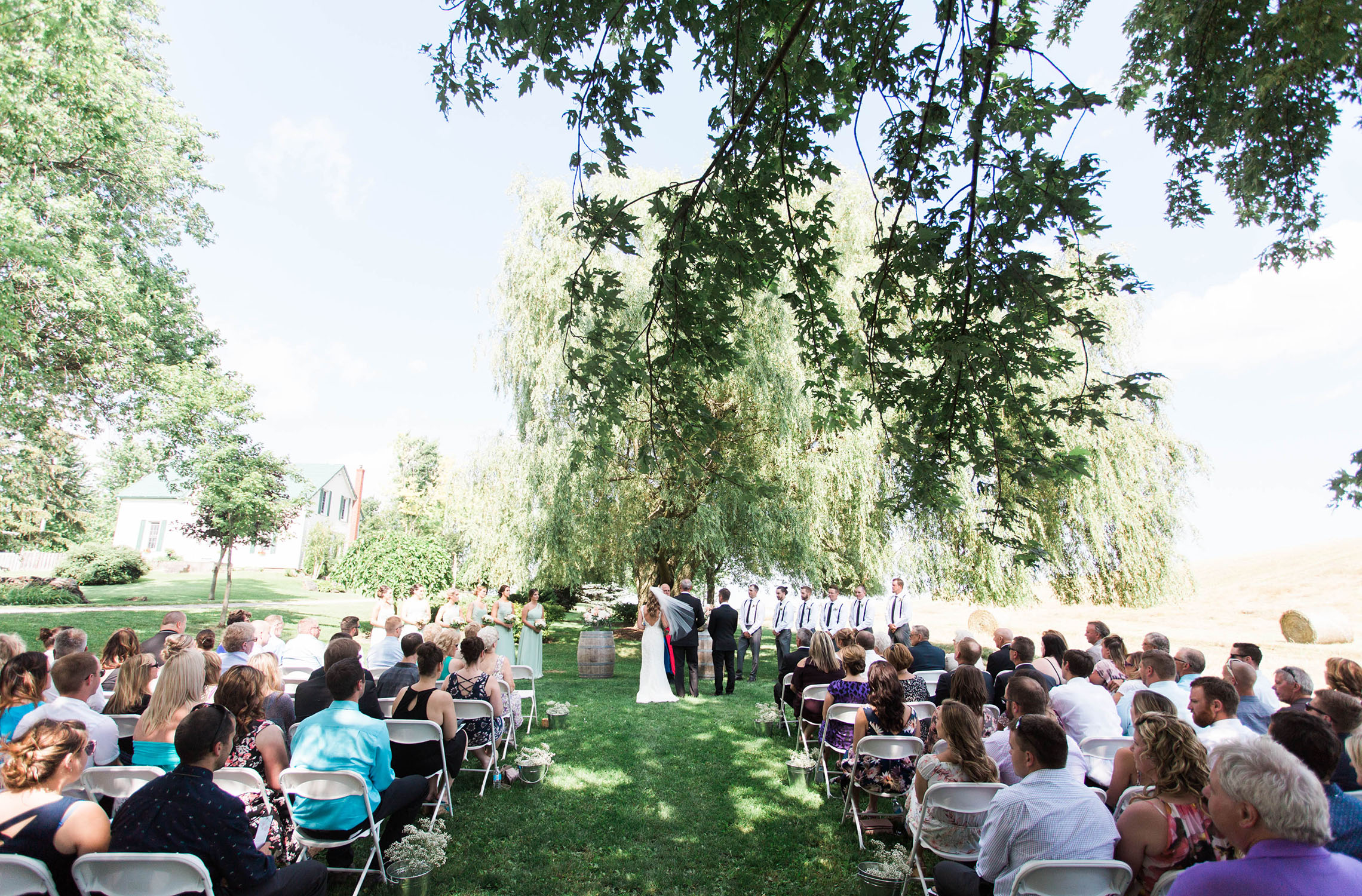 Willow trees hang over the bride and groom as they say their vows.