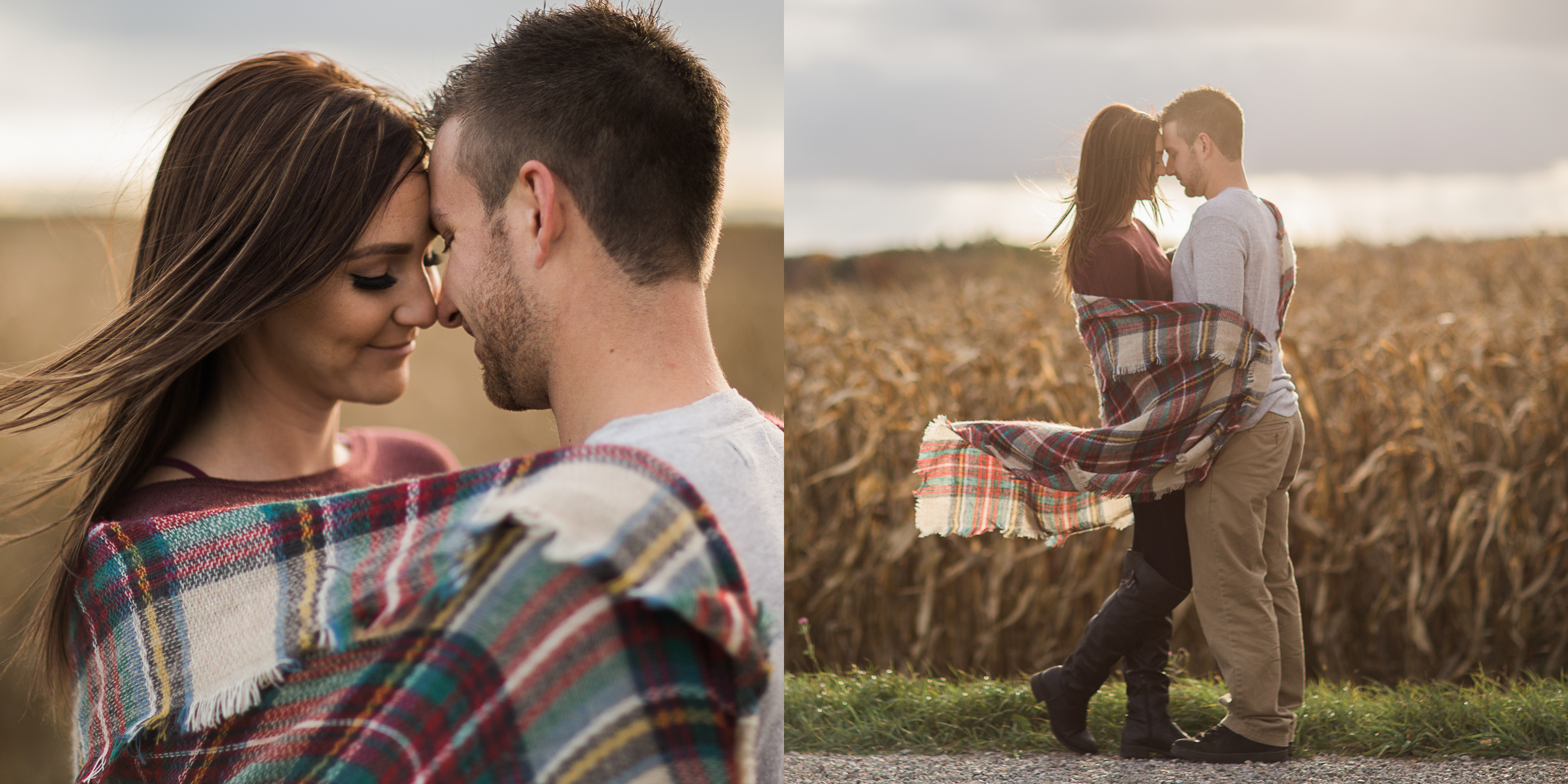Gorgeous couple wrapped in flannel in the corn field.