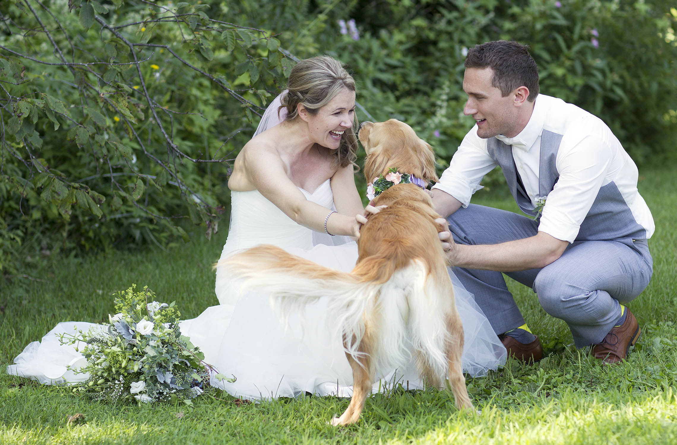 Wedding bride and groom with young golden retriever in park like setting.