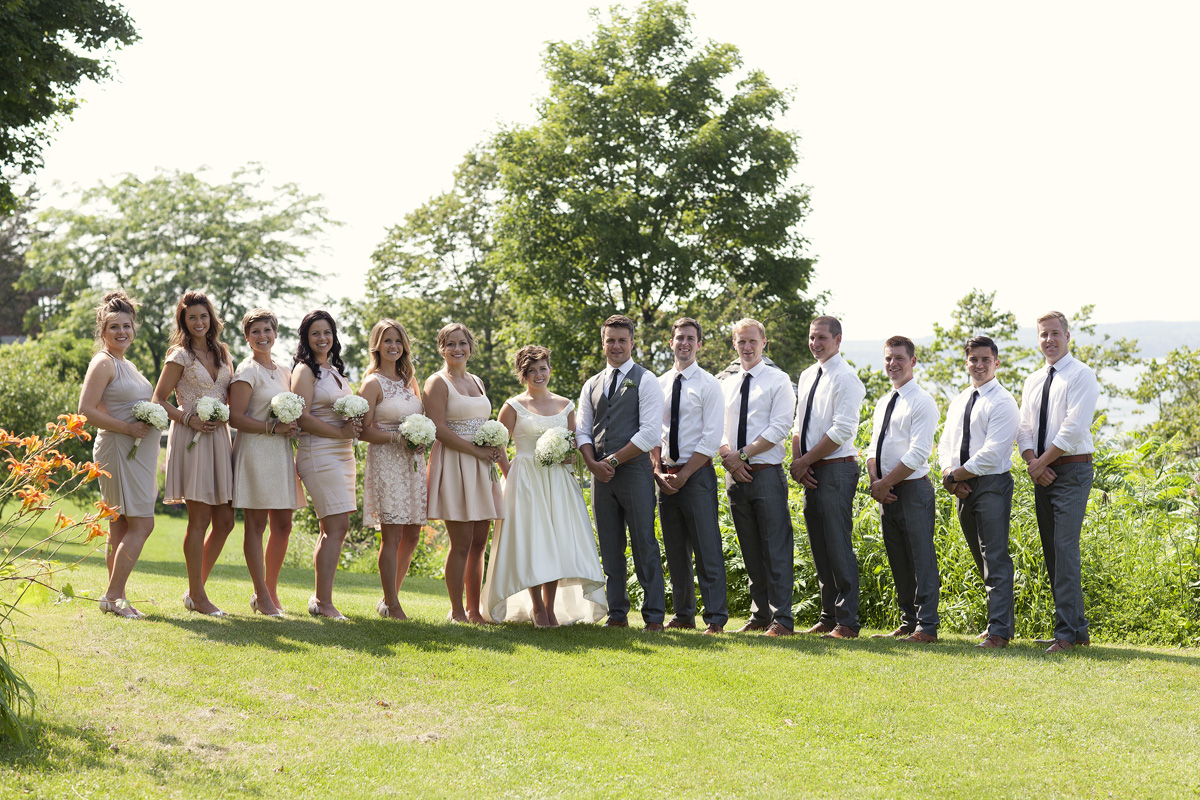 Bridal party wedding photo at lake on the mountain resort in picton.