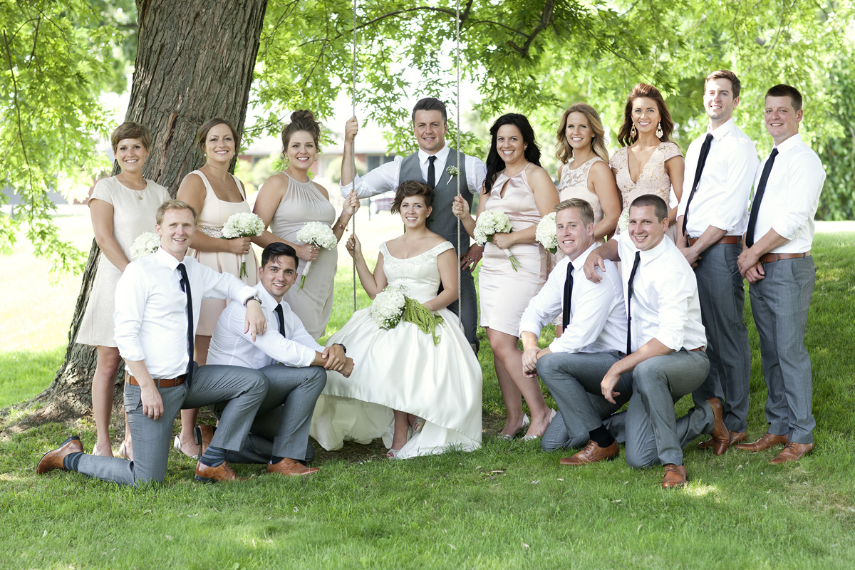 bridal party wedding portrait at lake on the mountain resort in picton